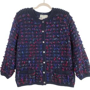 PERUVIAN CONNECTION Vintage Women's M Navy Merino Wool Chunky Knit Cardigan Boho